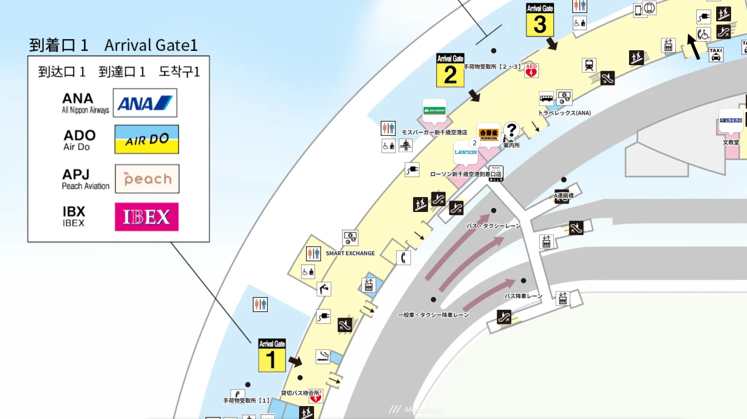新千歳空港1階 到着口1から3側のマップ。到着口2の前にローソン、通路の先に電車マークでJR駅方面。